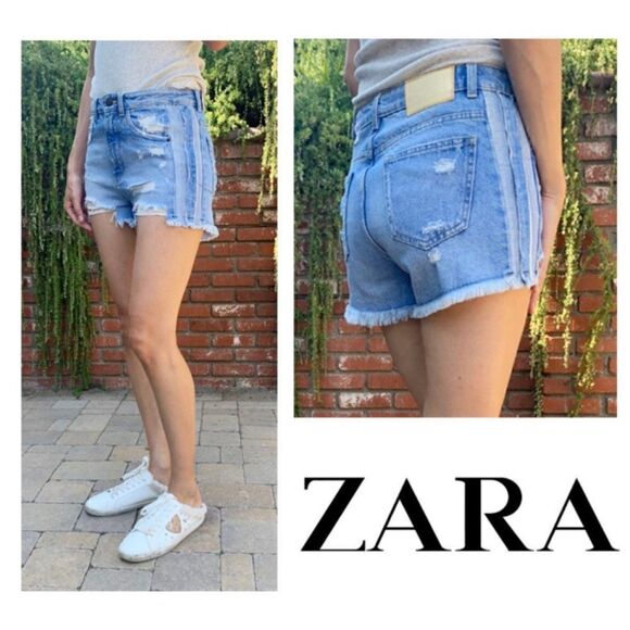 Zara TRF Distressed Ripped Denim Cutoff Side Stripe Shadow Pocket Jean Shorts - Picture 1 of 16